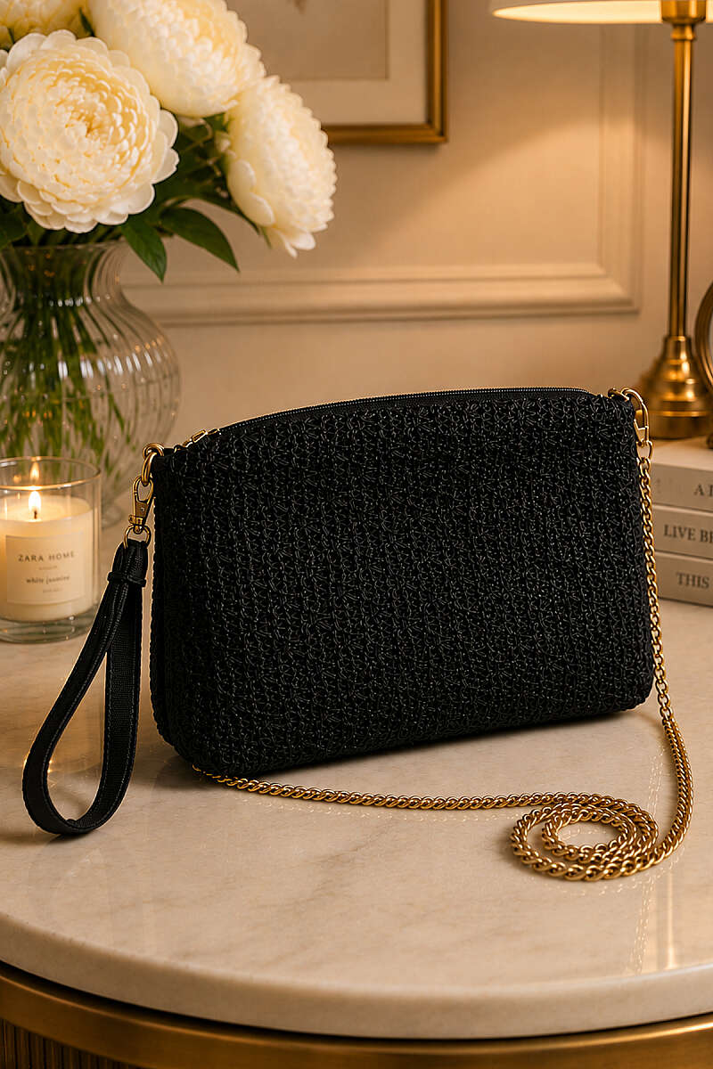 Rectangular Knit Bag with Chain Strap - Black