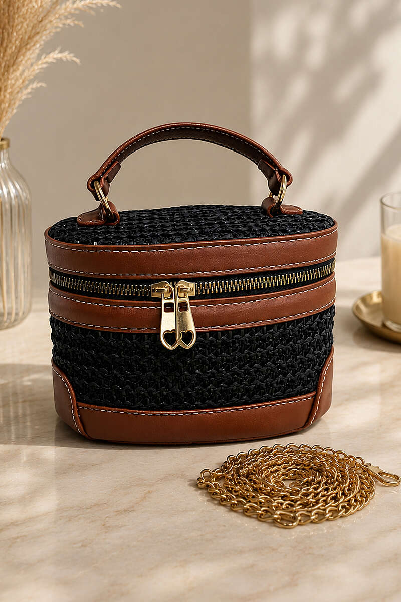 Straw Box Bag with Chain Strap - Black-Brown