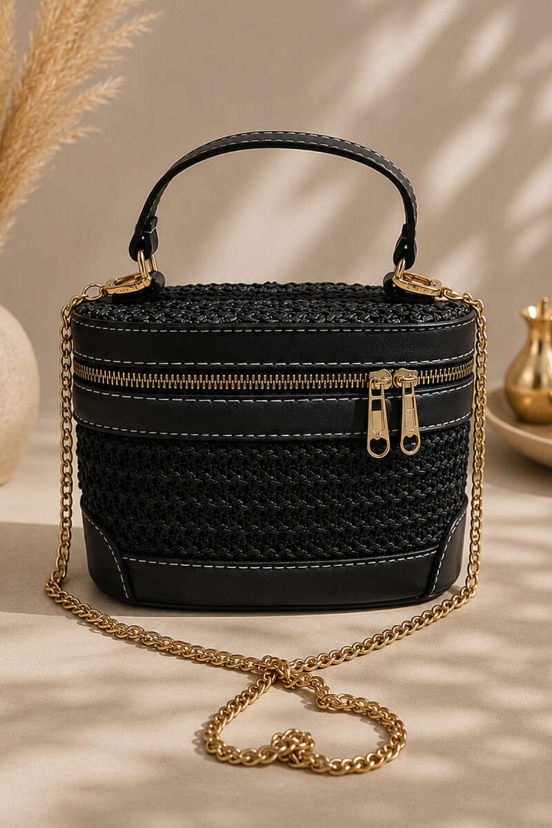 Straw Box Bag with Chain Strap - Black