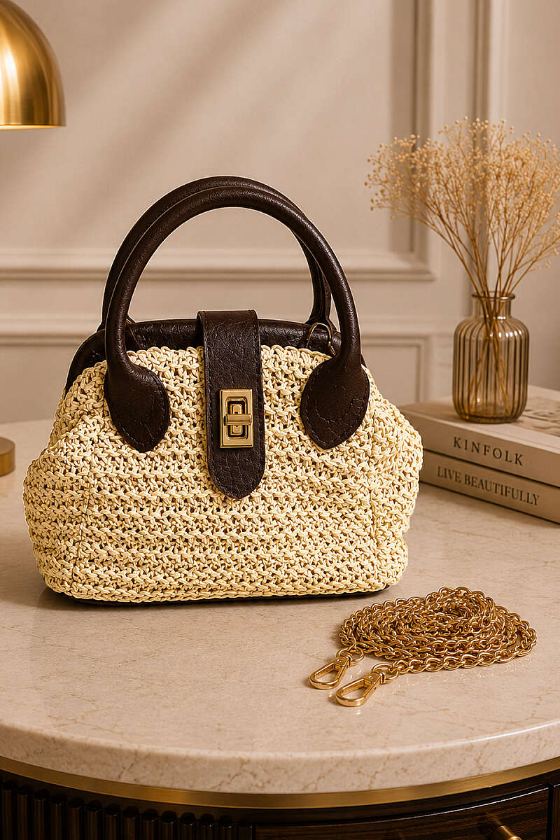 Straw Bag with Lock and Chain - Dark Brown