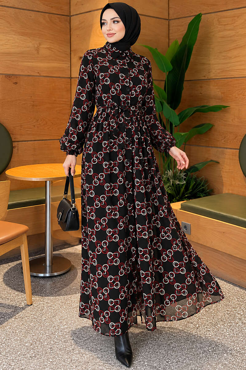 Chain Print Button Chiffon Dress - Burgundy