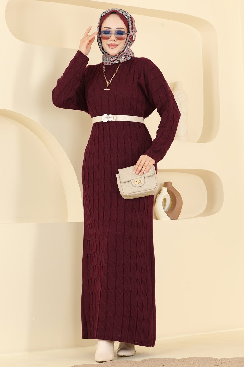Chain-Pattern Knit Dress - Burgundy