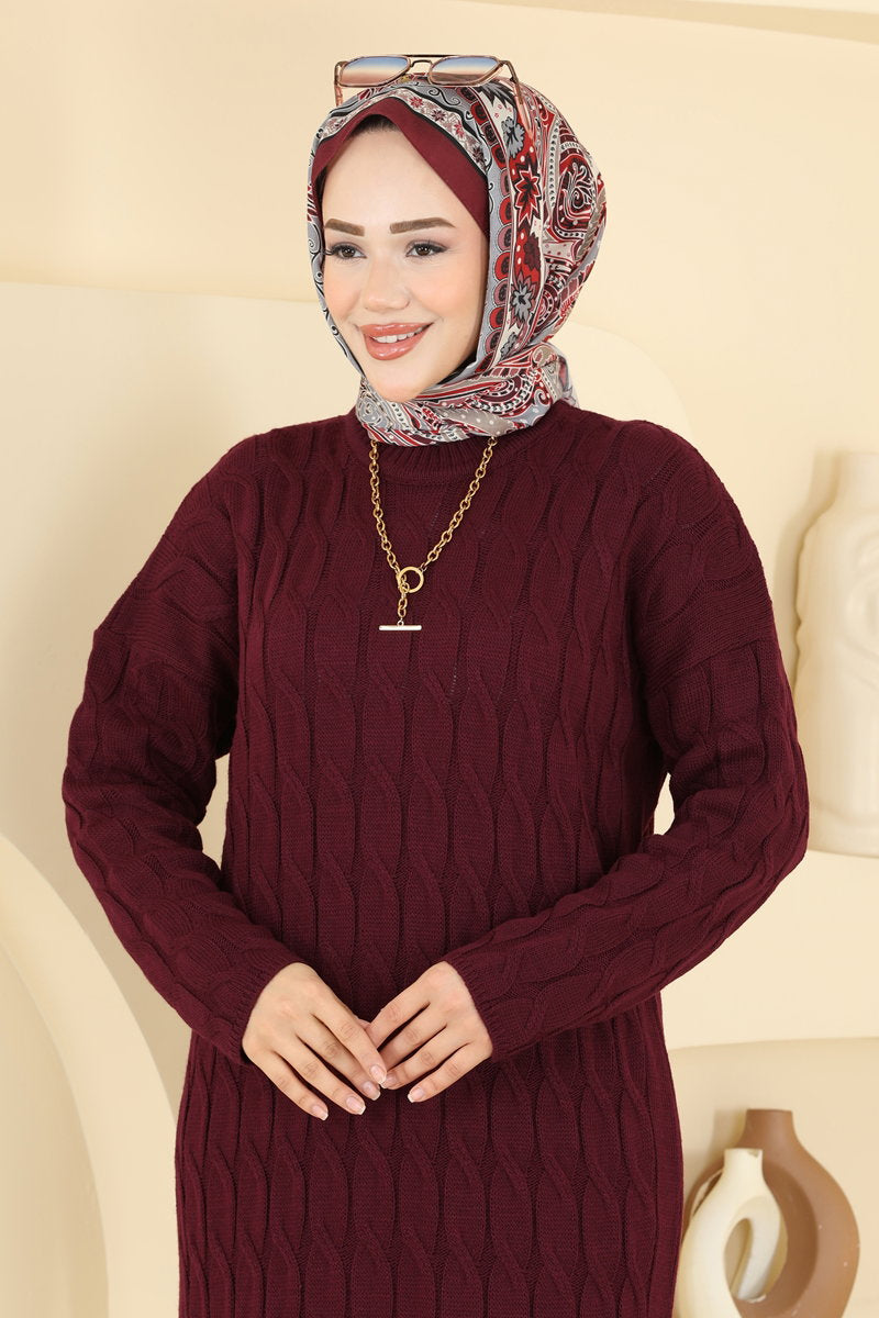 Chain-Pattern Knit Dress - Burgundy