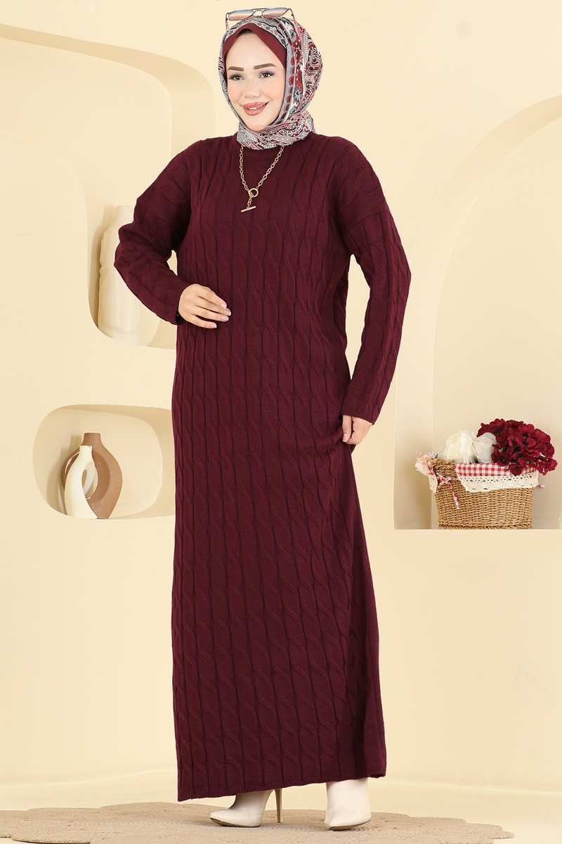 Chain-Pattern Knit Dress - Burgundy