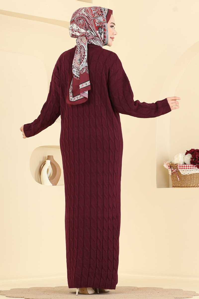 Chain-Pattern Knit Dress - Burgundy