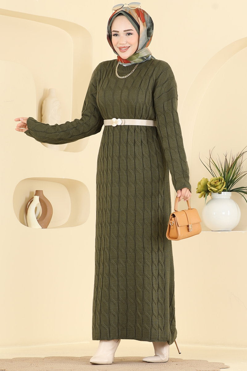 Chain-Pattern Knit Dress - Khaki