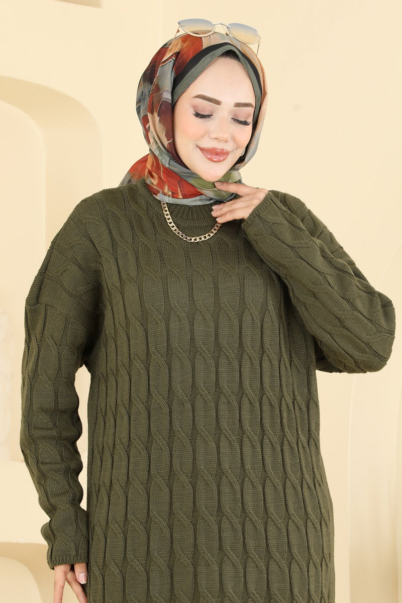 Chain-Pattern Knit Dress - Khaki