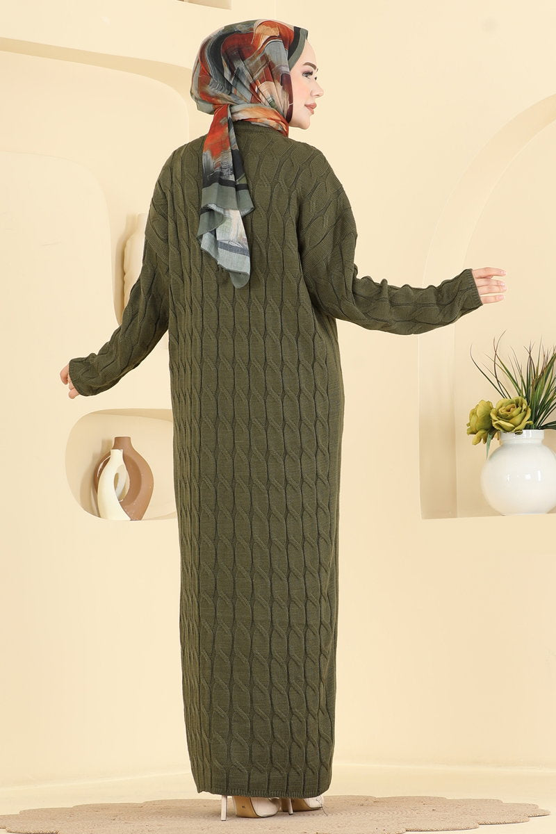 Chain-Pattern Knit Dress - Khaki
