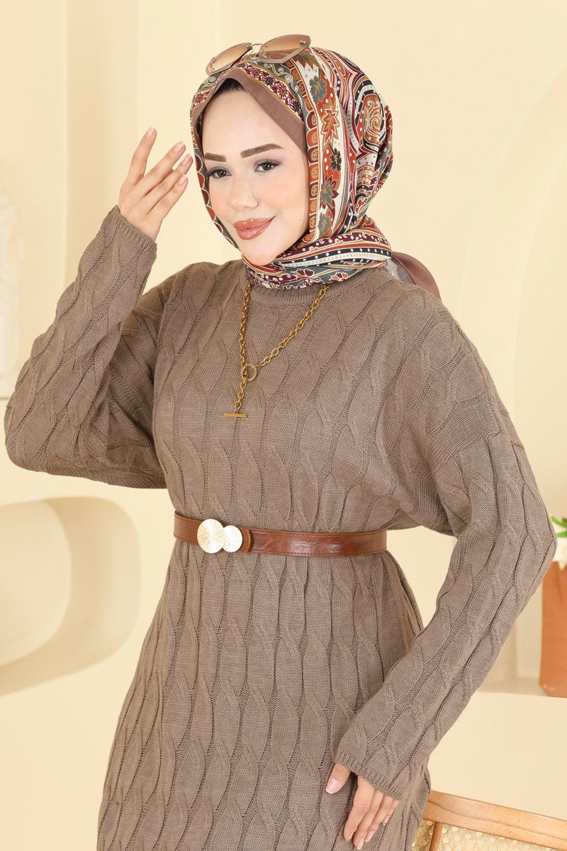 Chain-Pattern Knit Dress - Dark Mink
