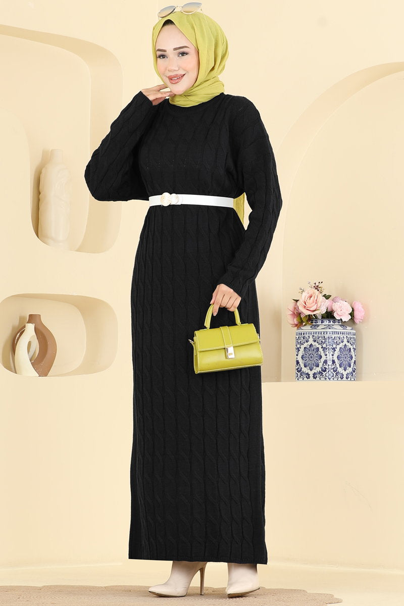 Chain-Pattern Knit Dress - Black