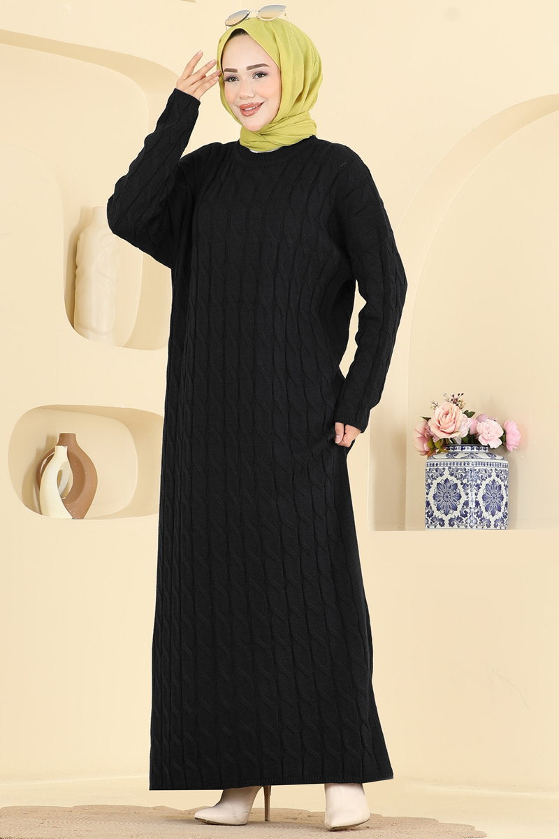 Chain-Pattern Knit Dress - Black