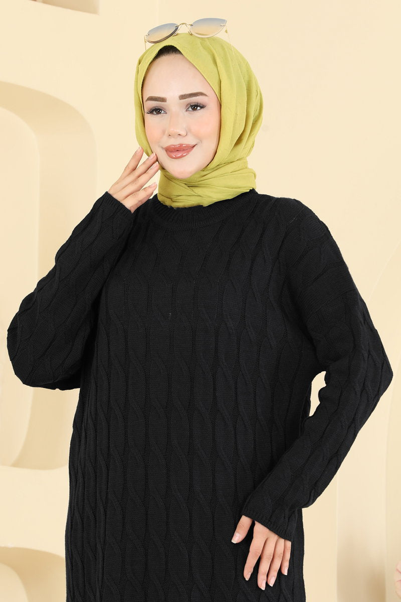 Chain-Pattern Knit Dress - Black