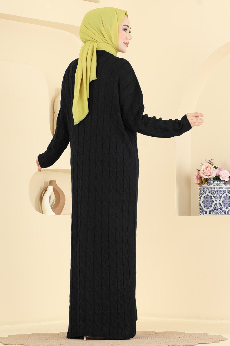 Chain-Pattern Knit Dress - Black