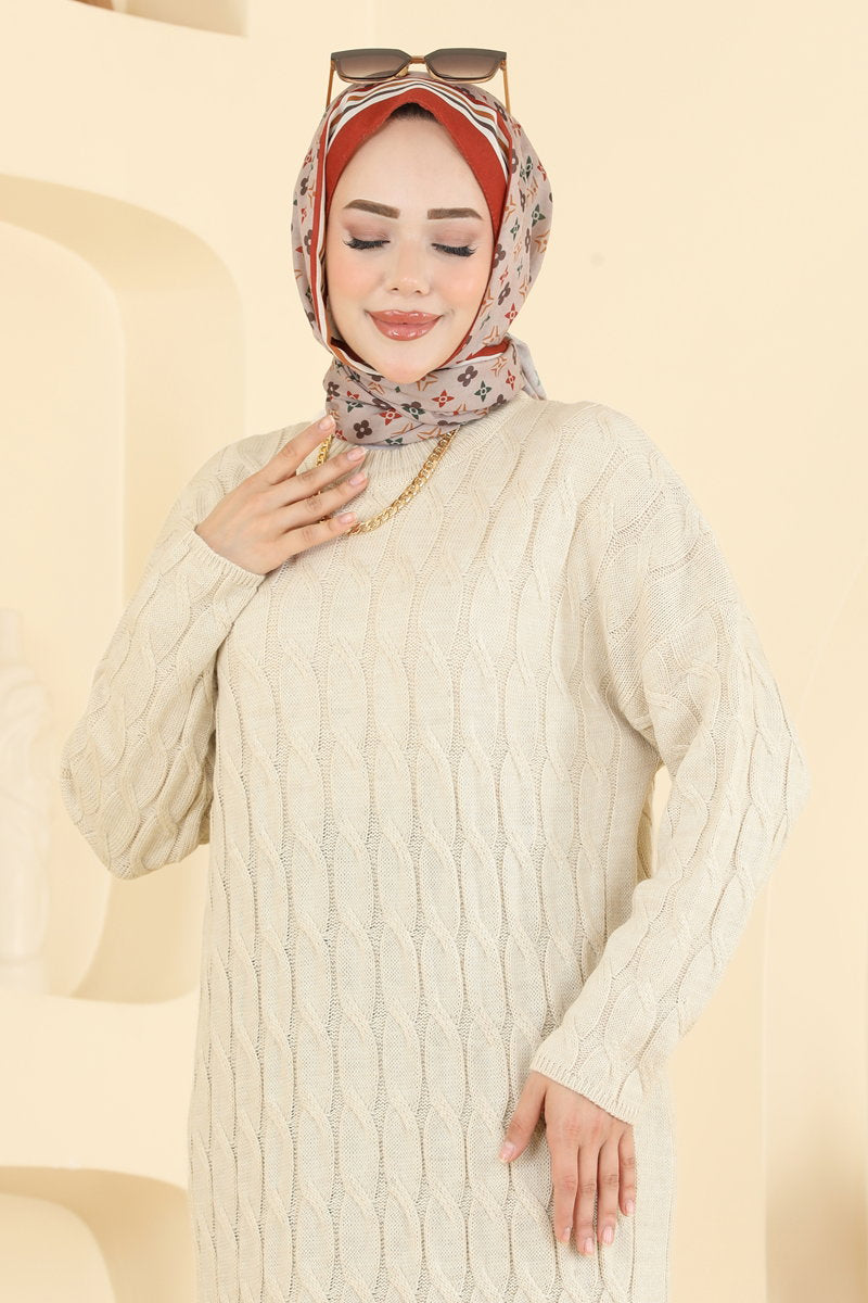 Chain-Pattern Knit Dress - Stone