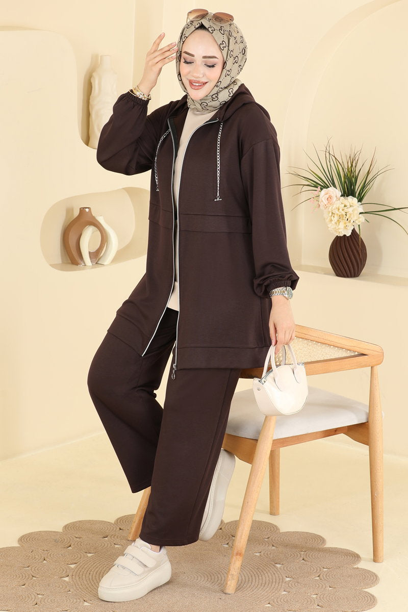 Chain-Detail Modal Two-Piece Set - Dark Brown