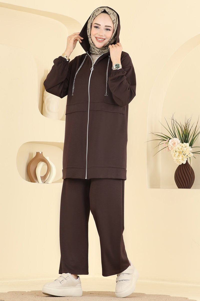 Chain-Detail Modal Two-Piece Set - Dark Brown