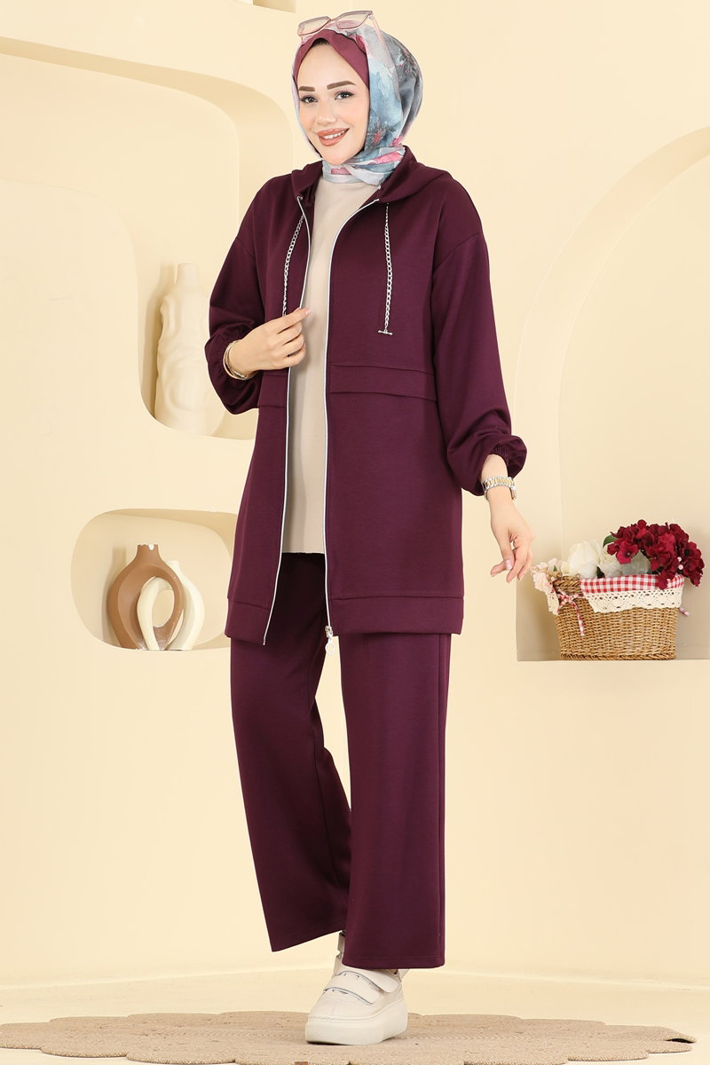 Chain-Detail Modal Two-Piece Set - Plum