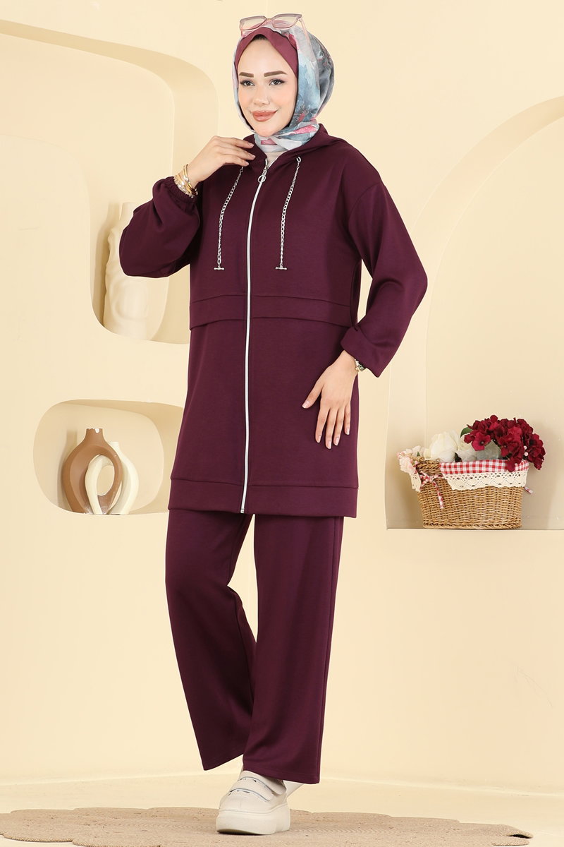 Chain-Detail Modal Two-Piece Set - Plum