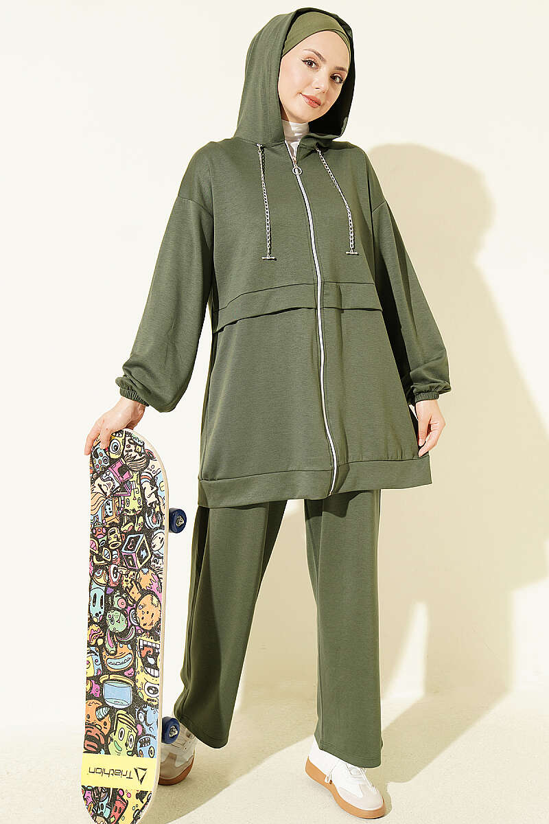 Zip-Up Two-Piece Set with Chain Detail - Khaki