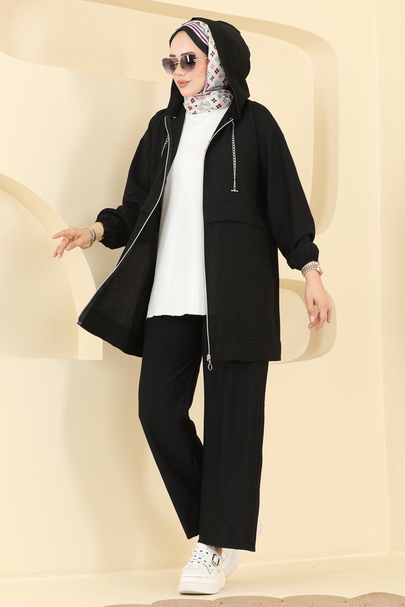 Zip Woven Set with Chain Detail - Black