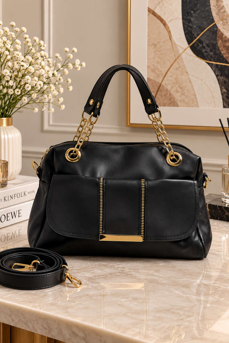 Chain-Detail Handbag - Black Patent