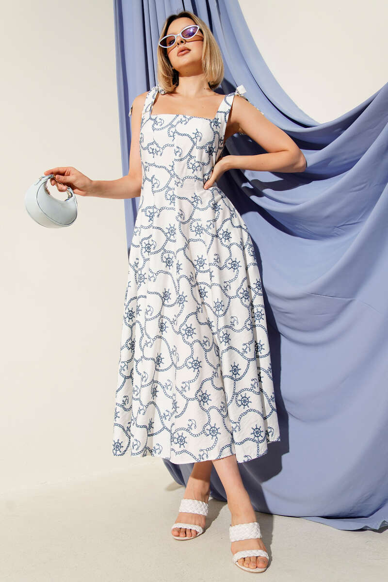 Shoulder-Tie Dress with Chain Stitching - Blue