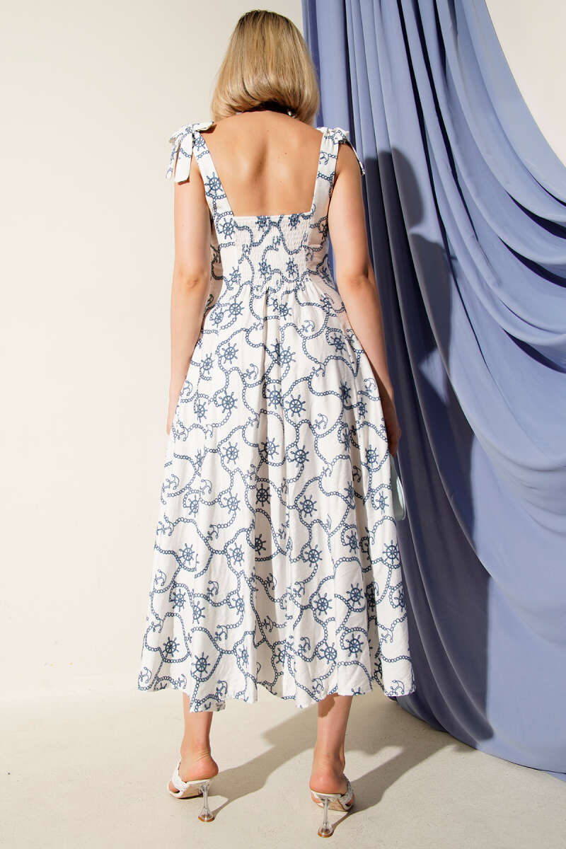 Shoulder-Tie Dress with Chain Stitching - Blue
