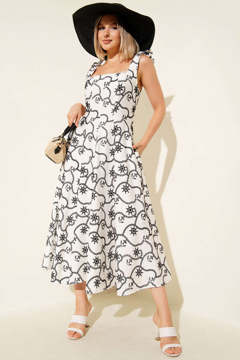 Shoulder-Tie Dress with Chain Stitching - Black