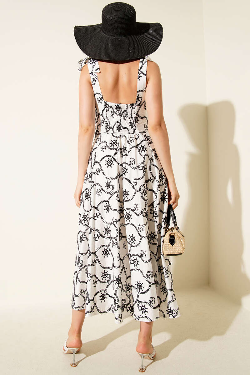 Shoulder-Tie Dress with Chain Stitching - Black