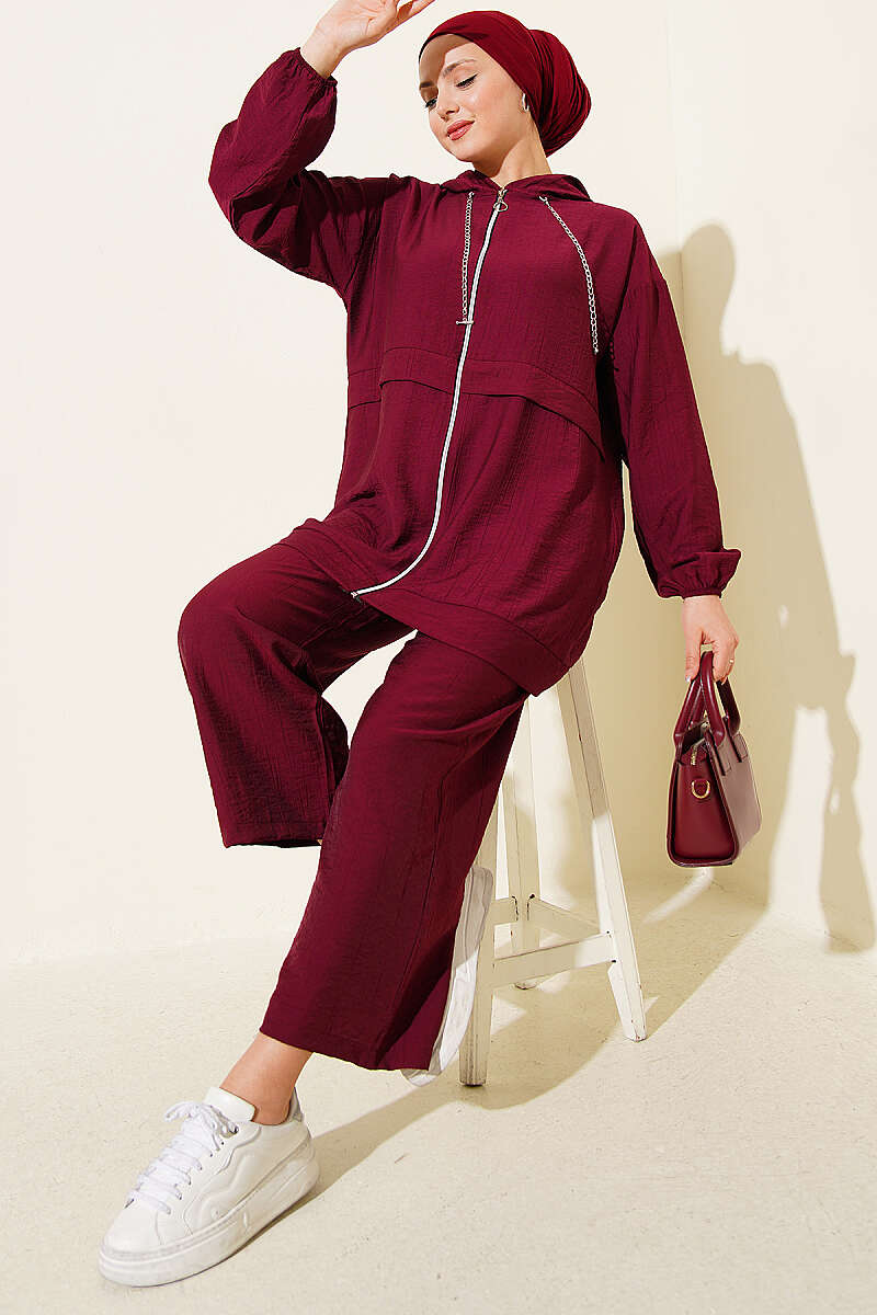 Zip Two-Piece Set with Chain Cord Detail - Burgundy