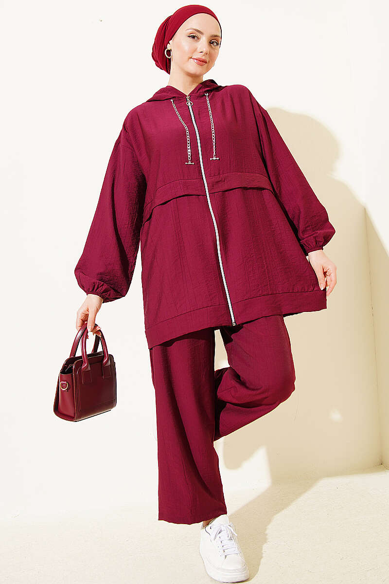 Zip Two-Piece Set with Chain Cord Detail - Burgundy