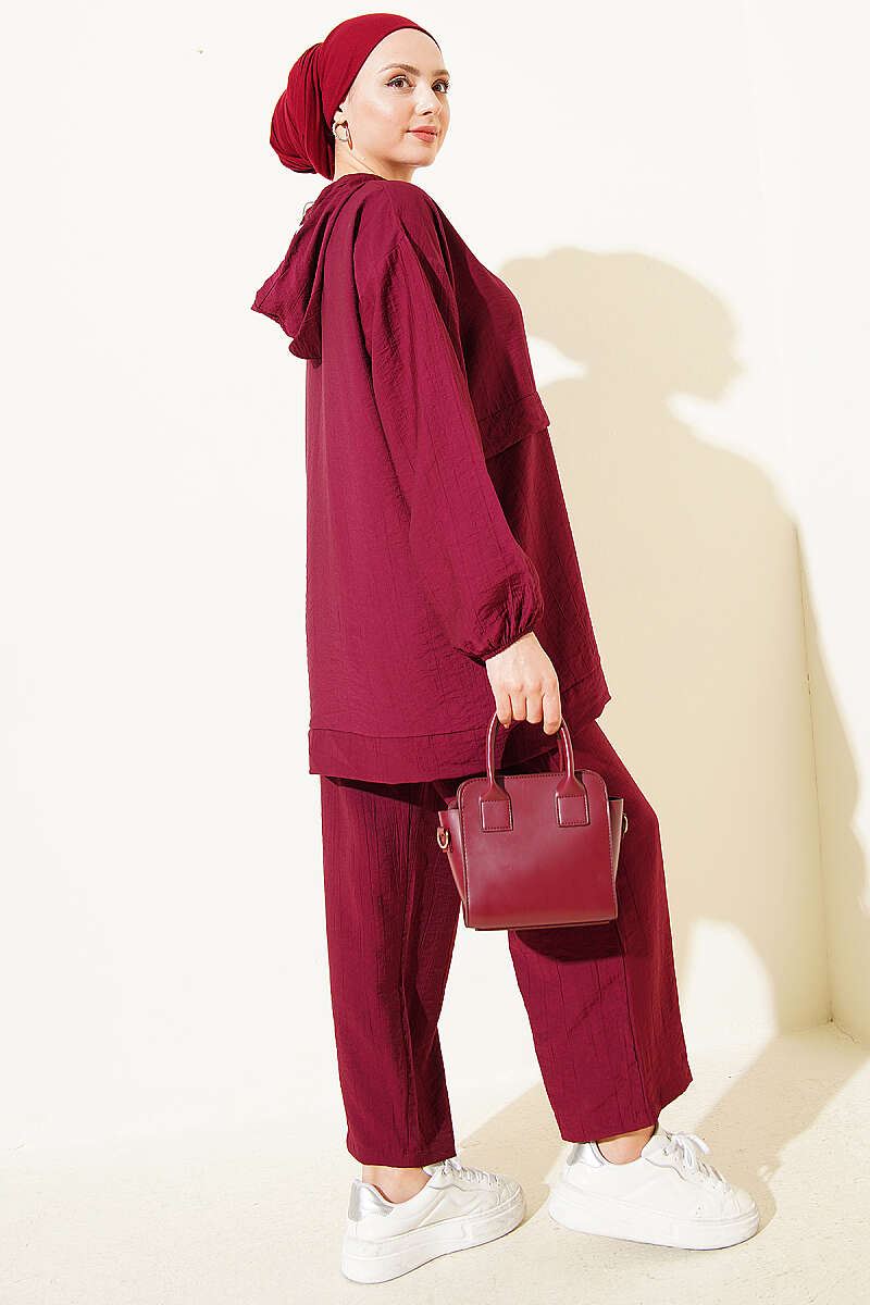 Zip Two-Piece Set with Chain Cord Detail - Burgundy