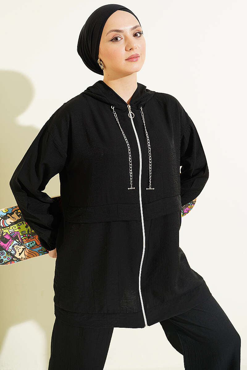 Zip Two-Piece Set with Chain Cord Detail - Black