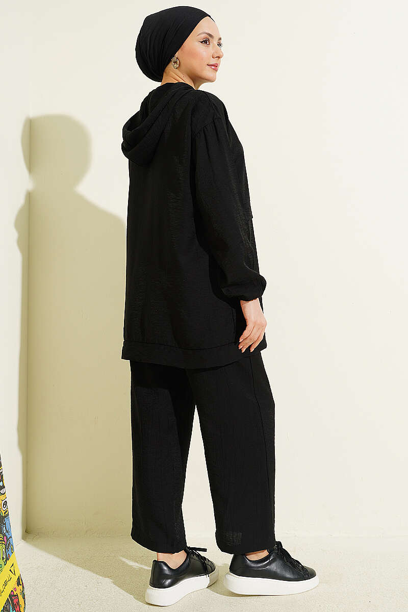 Zip Two-Piece Set with Chain Cord Detail - Black