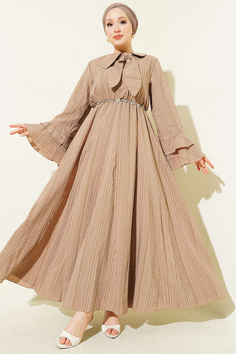 Waffle-Texture Dress with Chain Belt and Ruffled Cuffs - Beige
