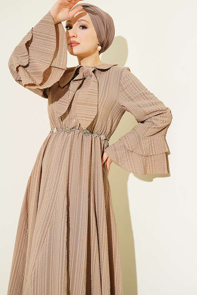 Waffle-Texture Dress with Chain Belt and Ruffled Cuffs - Beige