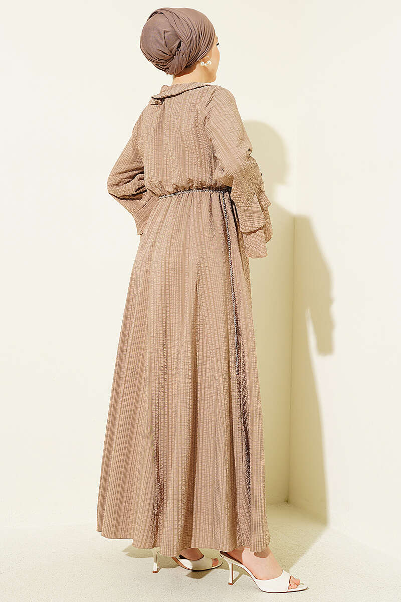 Waffle-Texture Dress with Chain Belt and Ruffled Cuffs - Beige