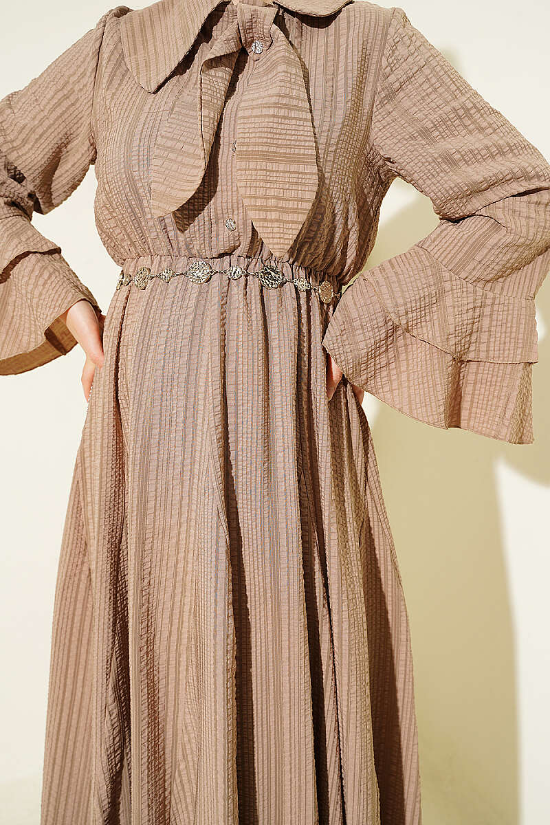 Waffle-Texture Dress with Chain Belt and Ruffled Cuffs - Beige