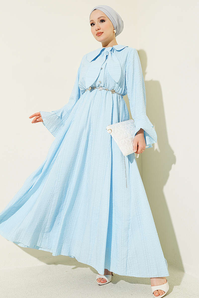 Waffle-Texture Dress with Chain Belt and Ruffled Cuffs - Ice Blue
