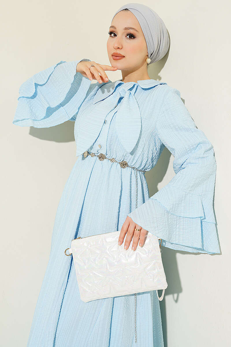 Waffle-Texture Dress with Chain Belt and Ruffled Cuffs - Ice Blue