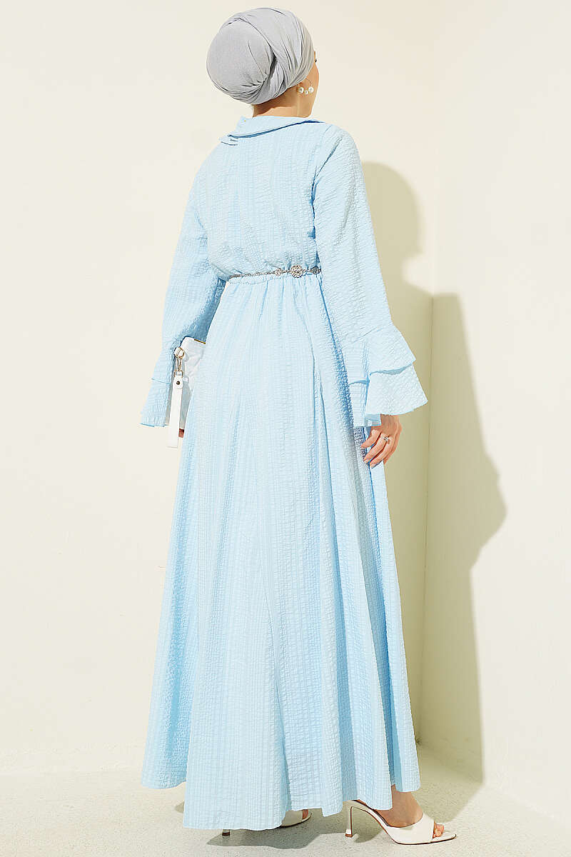 Waffle-Texture Dress with Chain Belt and Ruffled Cuffs - Ice Blue