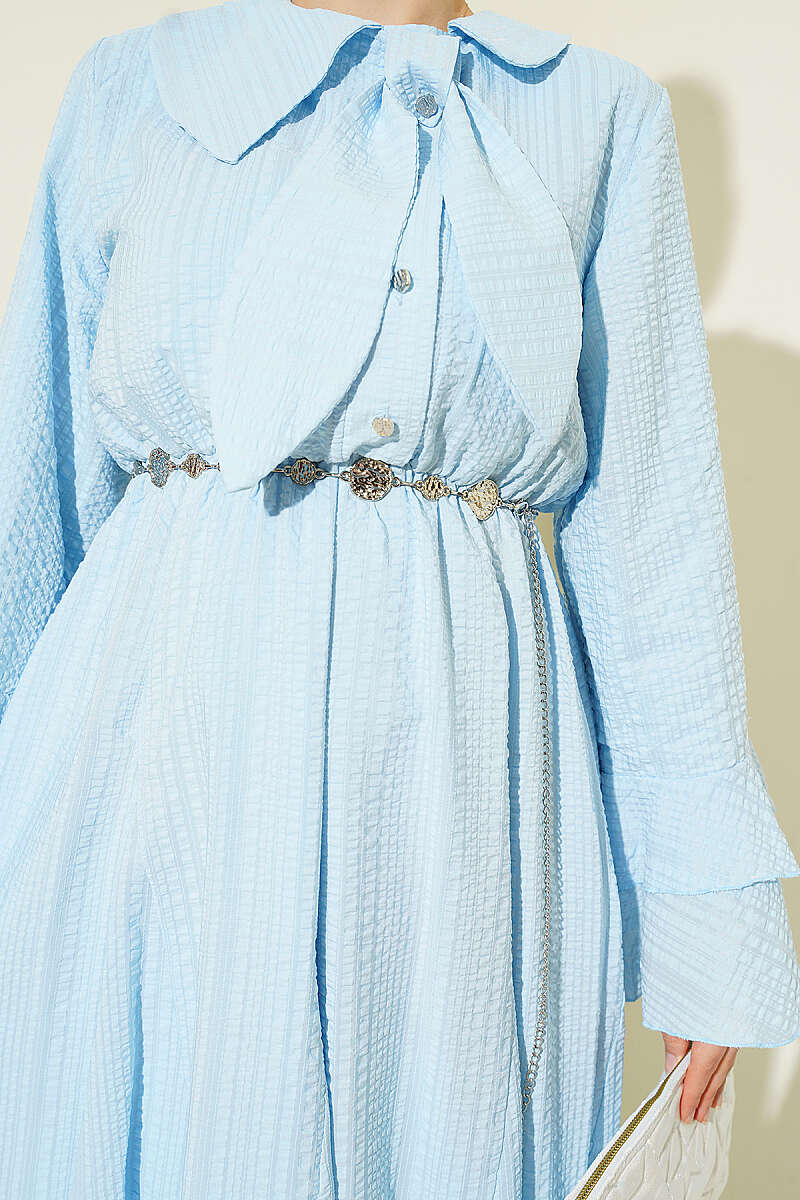 Waffle-Texture Dress with Chain Belt and Ruffled Cuffs - Ice Blue