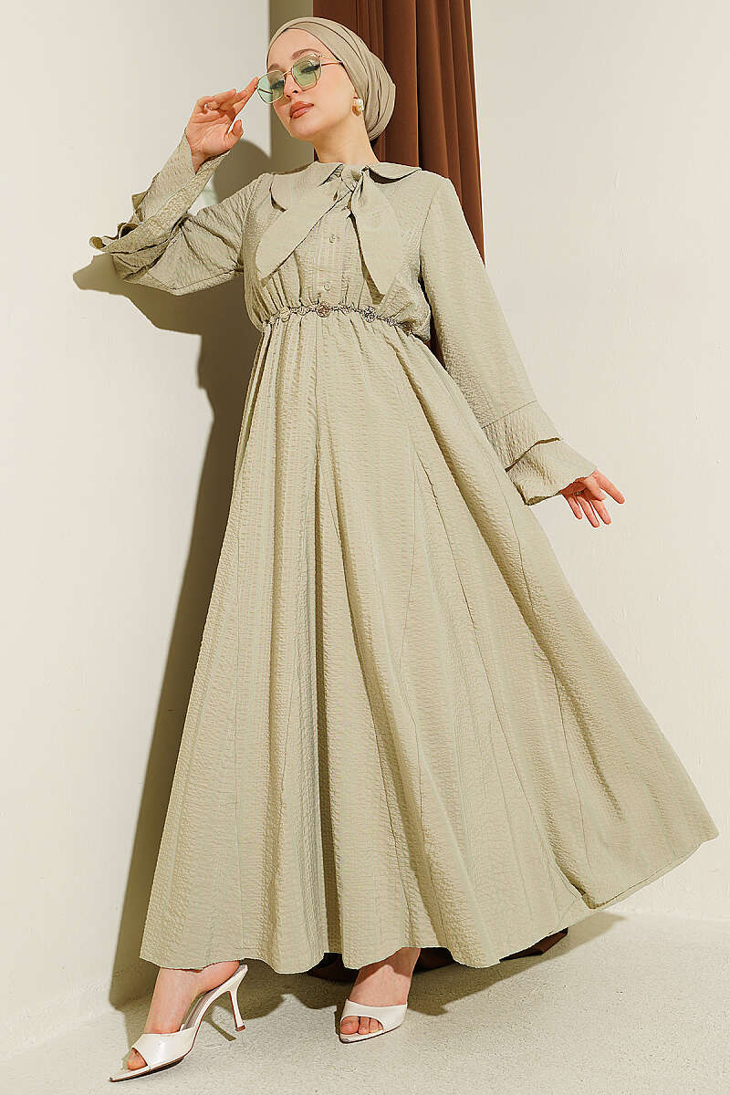 Waffle-Texture Dress with Chain Belt and Ruffled Cuffs - Almond Green