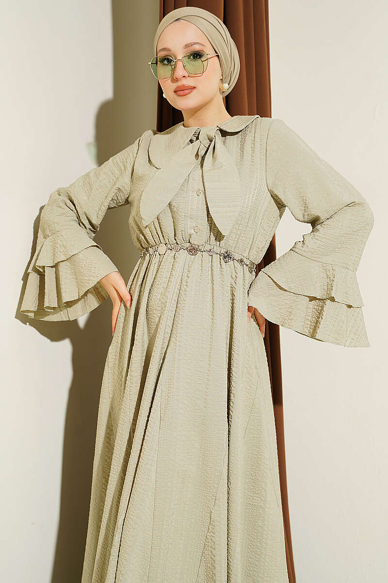 Waffle-Texture Dress with Chain Belt and Ruffled Cuffs - Almond Green