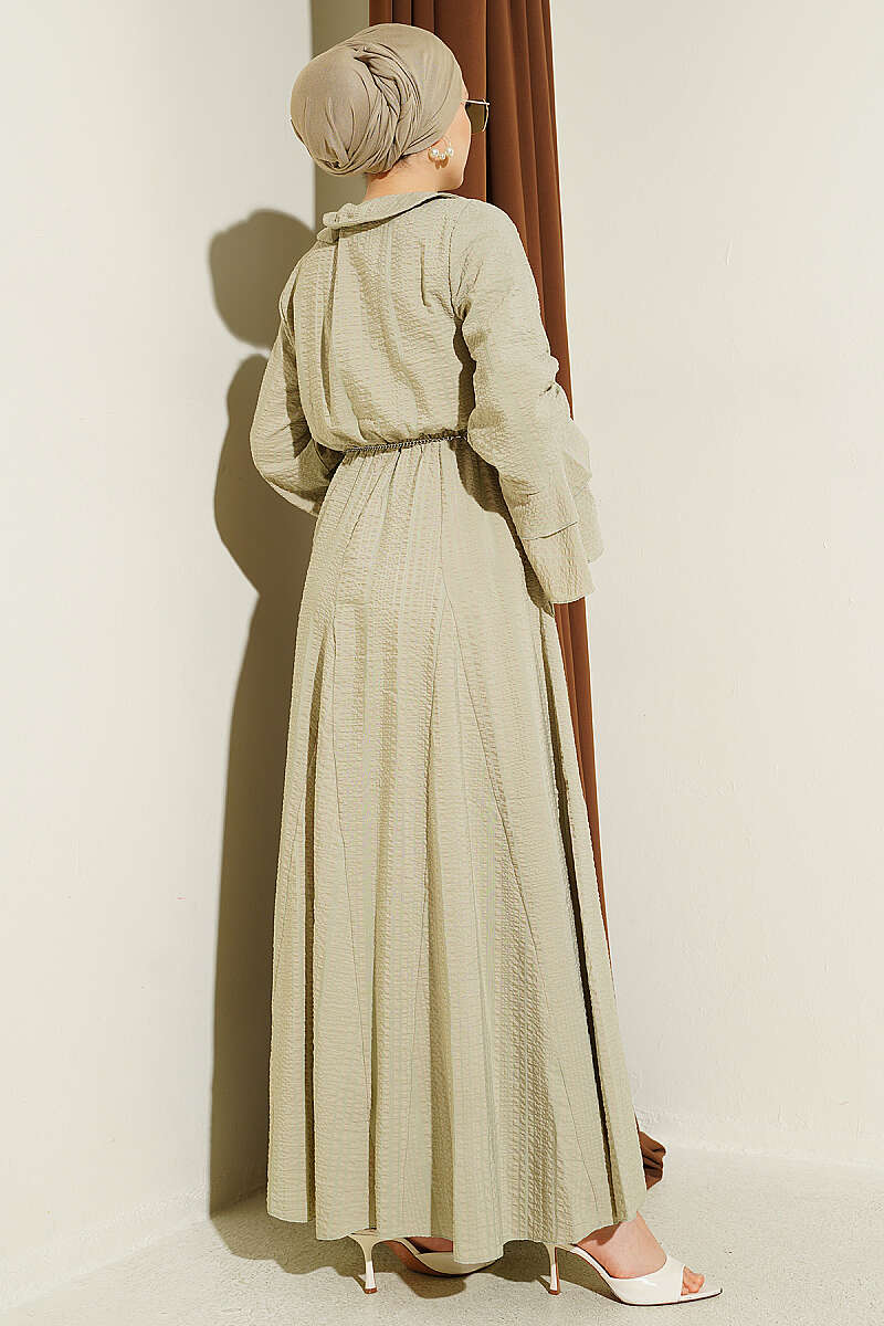 Waffle-Texture Dress with Chain Belt and Ruffled Cuffs - Almond Green