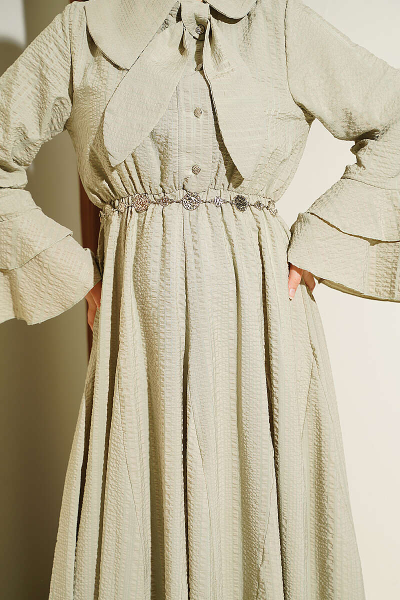 Waffle-Texture Dress with Chain Belt and Ruffled Cuffs - Almond Green
