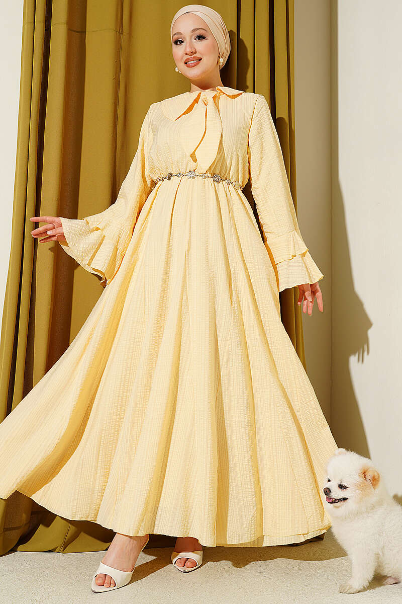Waffle-Texture Dress with Chain Belt and Ruffled Cuffs - Yellow
