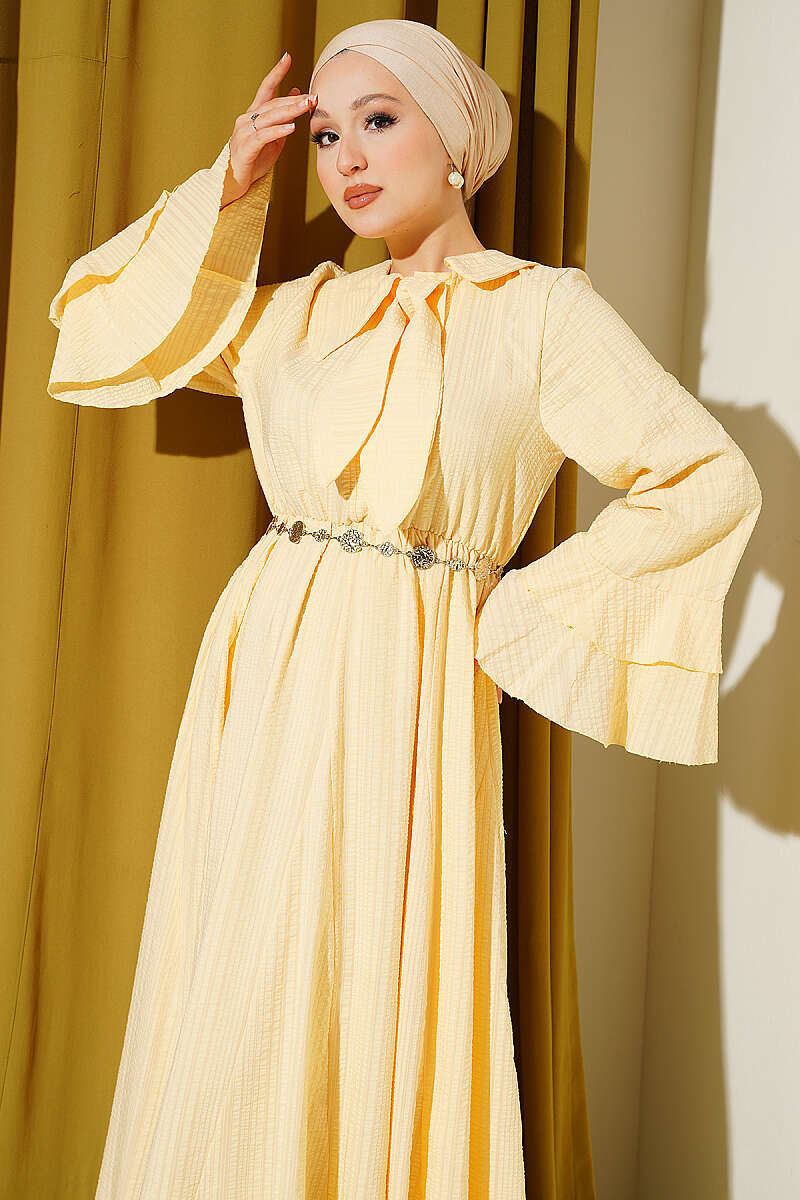 Waffle-Texture Dress with Chain Belt and Ruffled Cuffs - Yellow