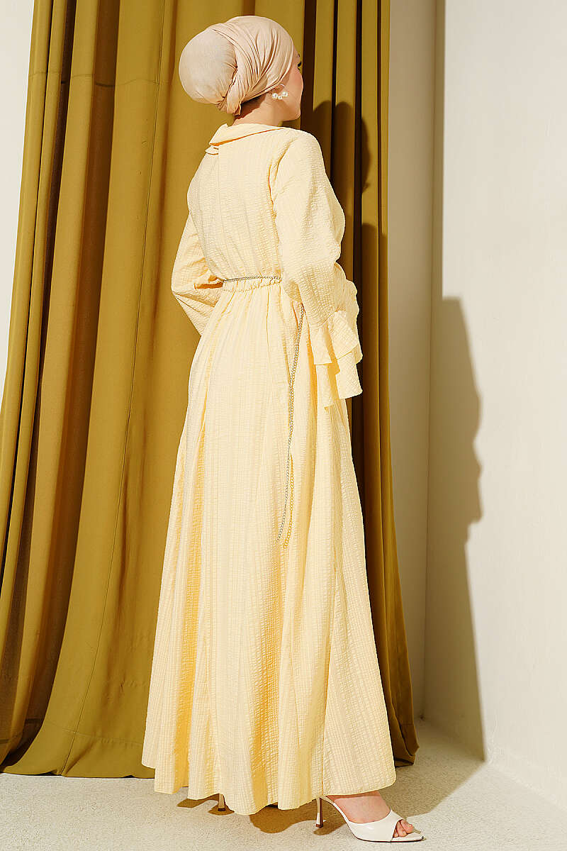 Waffle-Texture Dress with Chain Belt and Ruffled Cuffs - Yellow