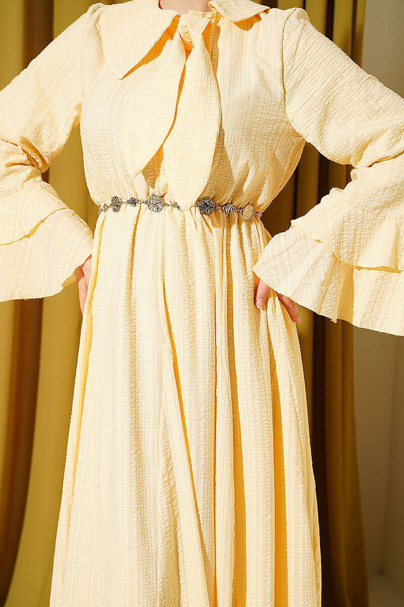 Waffle-Texture Dress with Chain Belt and Ruffled Cuffs - Yellow